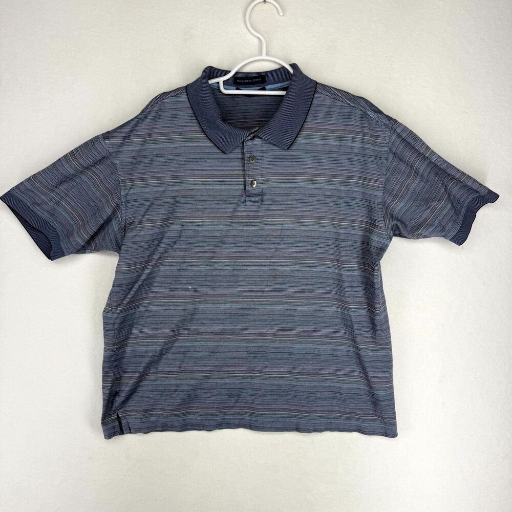 Grant Thomas Short Sleeve Polo Blue Striped Color Mercerized Cotton Mens Size M
